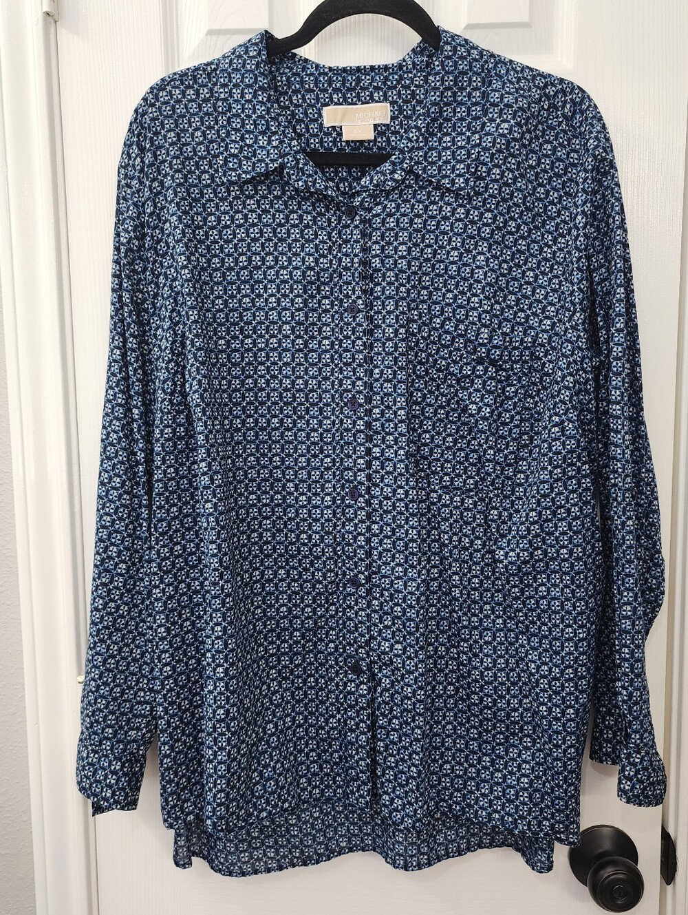 Michael Kors Navy Patterned Lightweight Button Up Shirt Size: 3X